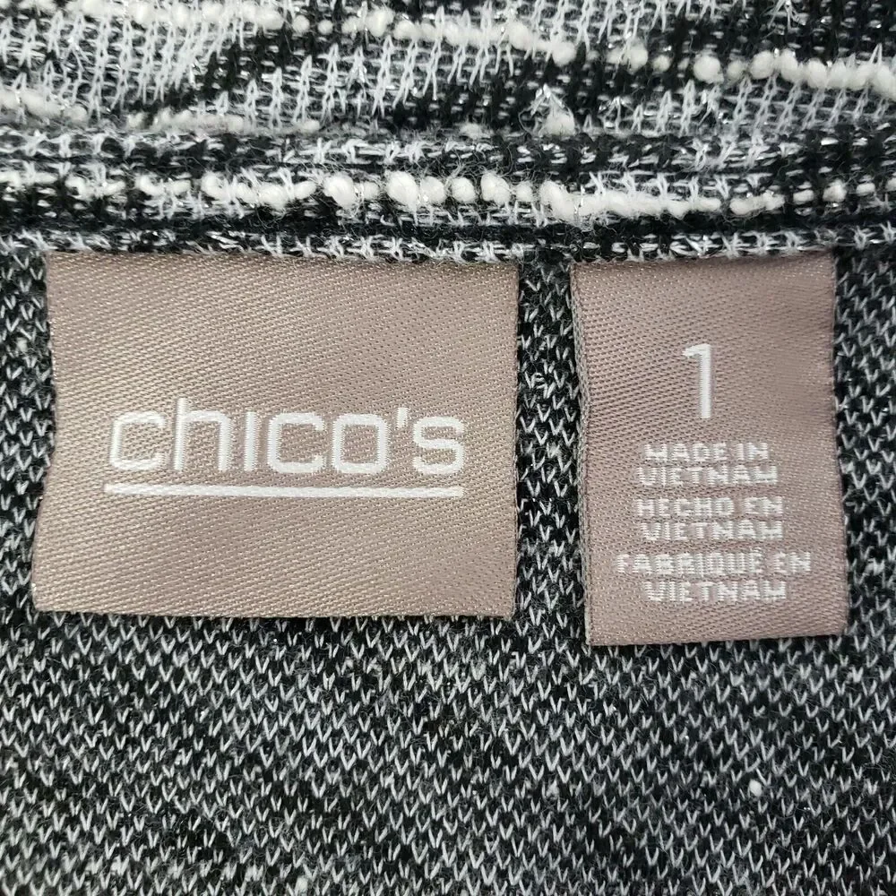 Chico's Womens Top Size 1 Medium 8 Black Gray Textured 3/4 Sleeve Metallic Round